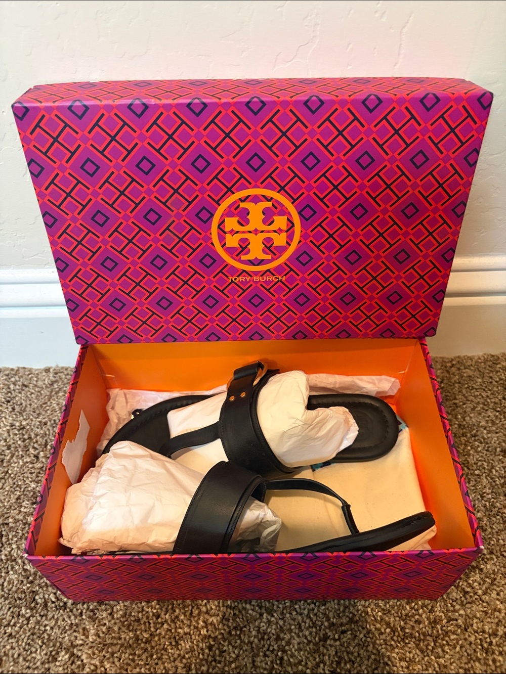 Tory Burch Black Leather T-Strap Sandals with Gold Hardware